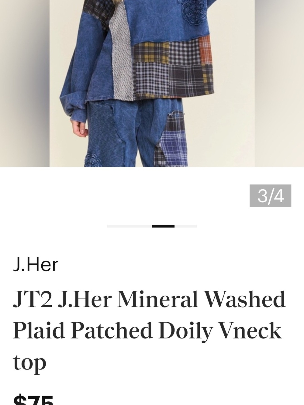 J.Her Mineral Washed Plaid Patched V-Neck Top - Blue Multi